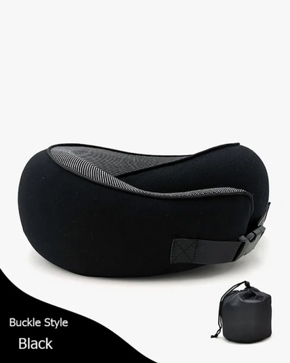 Black memory neck foam pillow that is fastened with a buckle
