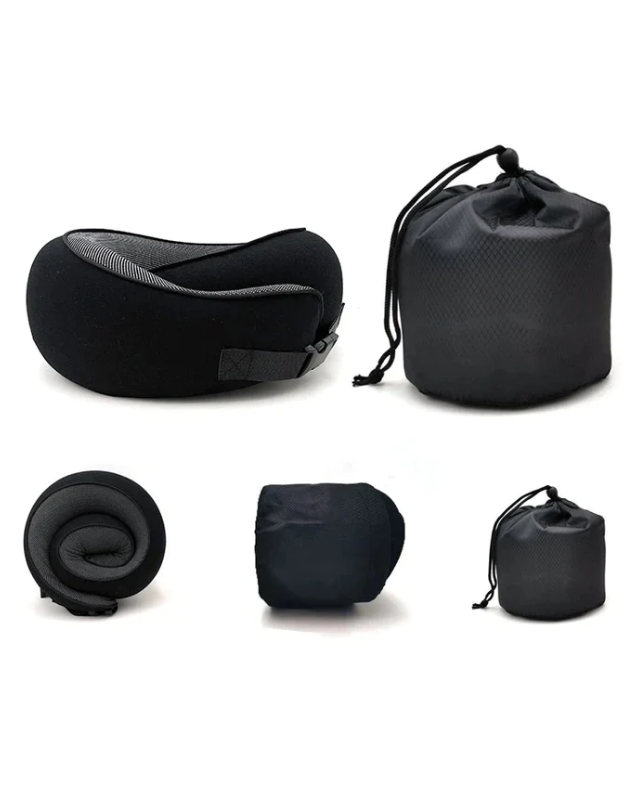 Black memory foam neck pillow next to different angles of a sealable bag