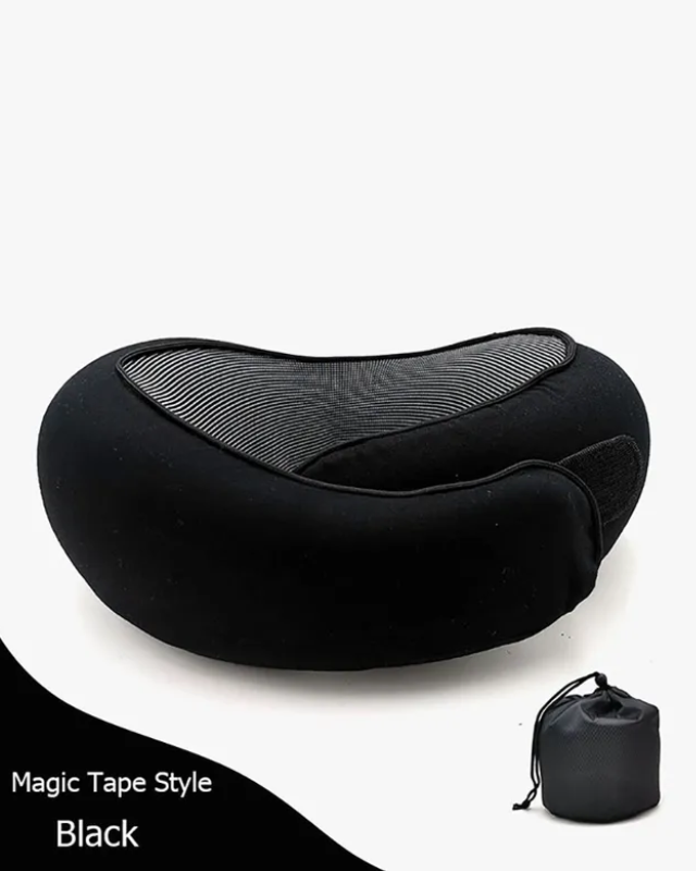 Black memory neck foam pillow that is fastened with Velcro