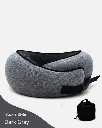 Gray memory neck foam pillow that is fastened with a buckle