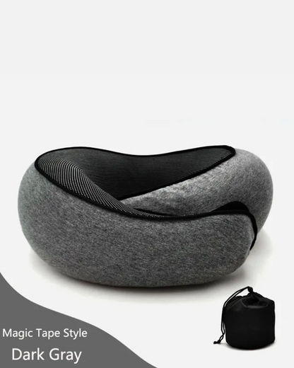 Gray memory neck foam pillow that is fastened with Velcro