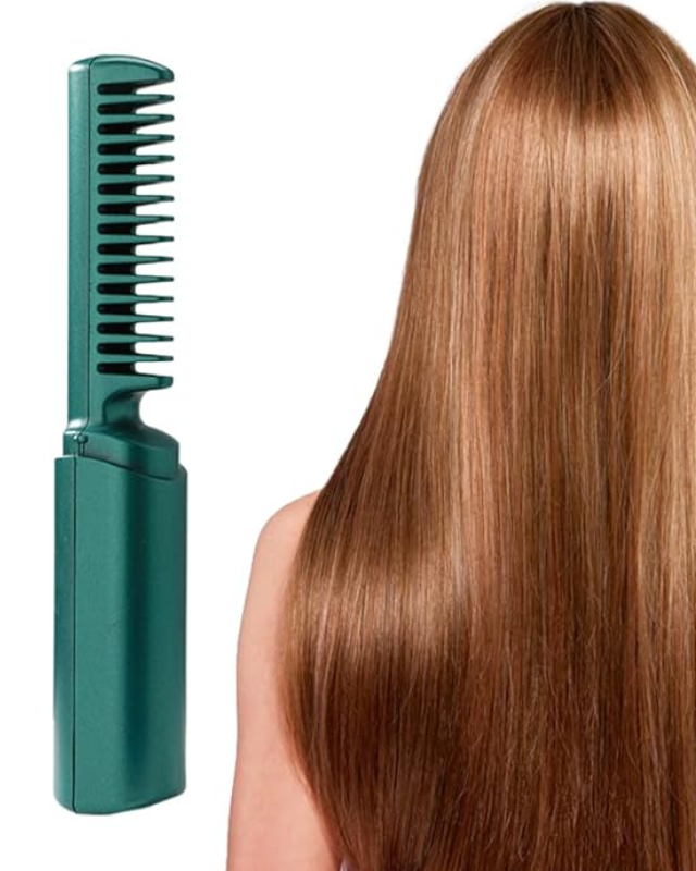 Green electric comb next to the back of a woman with long brown hair