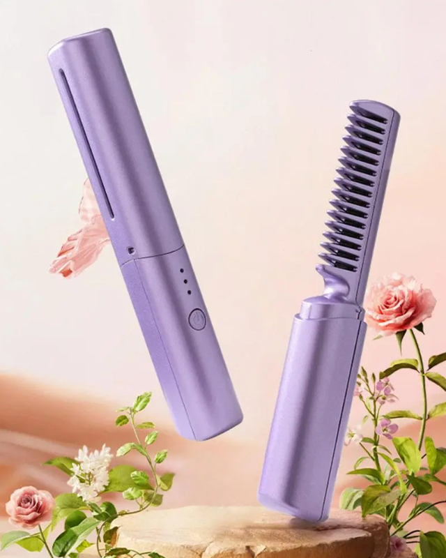 A purple electric comb shown from the front and back, on a tree stump surrounded by flowers