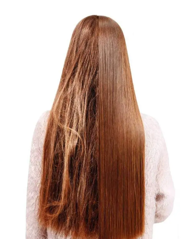 Back of woman with long brown hair, with half of her straight after using an electric heated comb