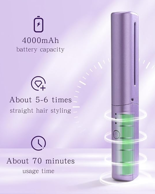 Purple electric comb next to an infographic showing it's specifications