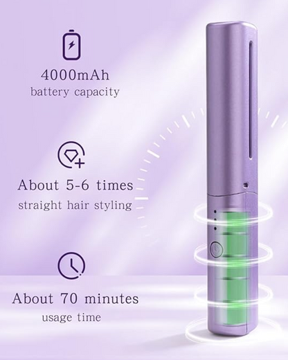 Purple electric comb next to an infographic showing it's specifications