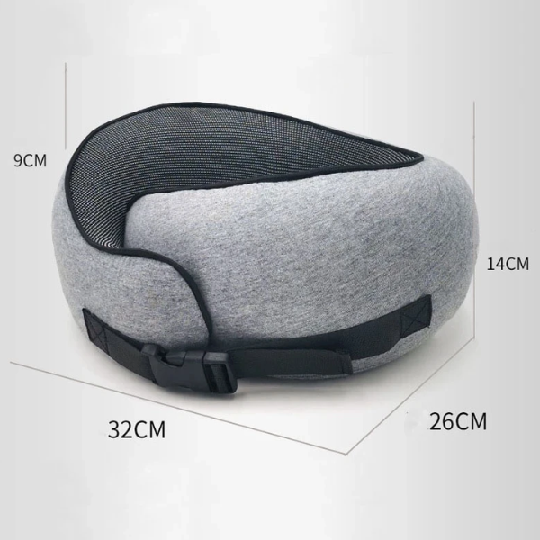 Gray memory foam neck pillow showing the height, length and width