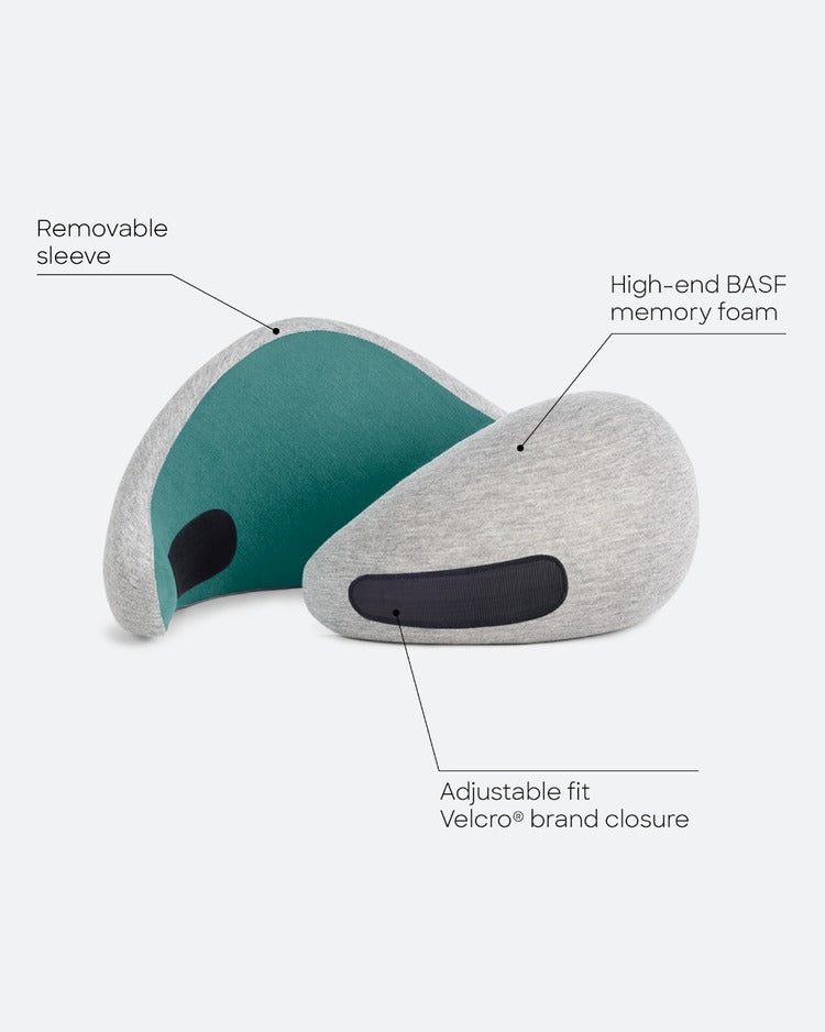 Specification of a gray memory foam neck pillow showing the removable sleeve, Velcro and memory foam